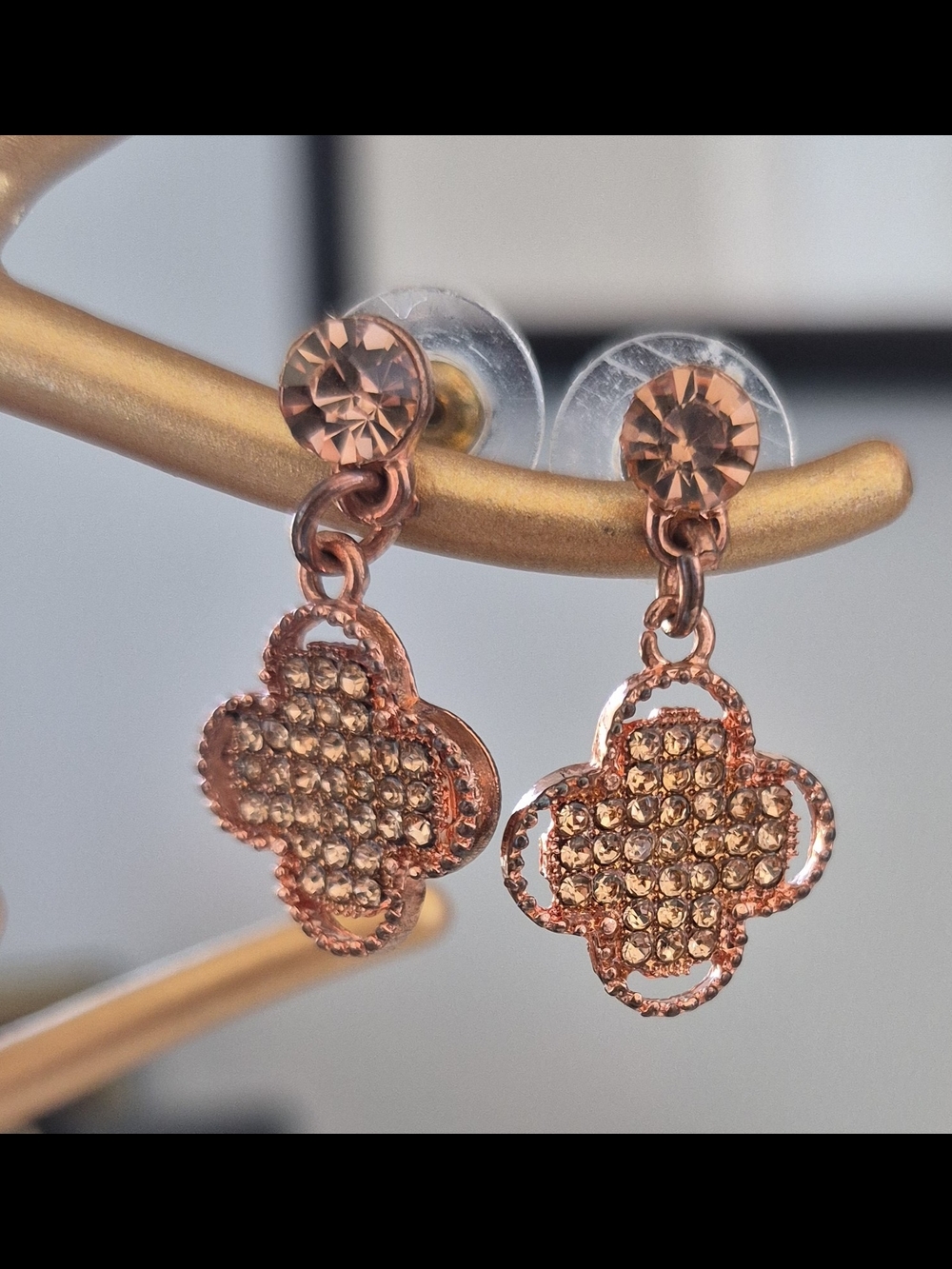 Rose Gold Crystal Clover Drop Earrings - Women Jewelry